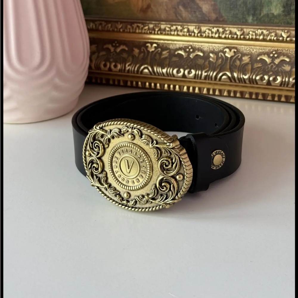 Versace Couture Belt Mens Black Leather Belt With Signature Gold Versace Buckle